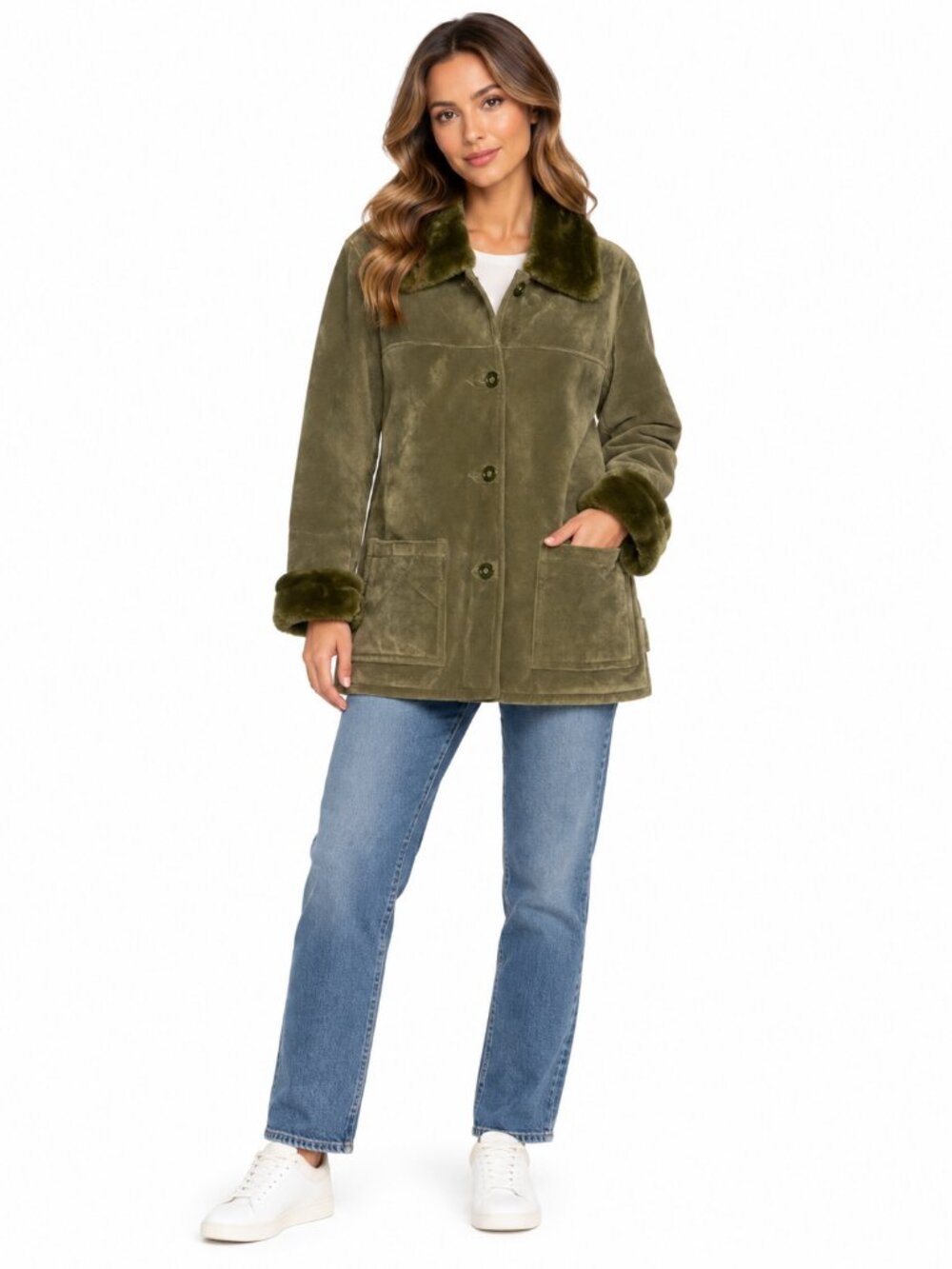 DENNIS BASSO Suede Leather Coat Faux Fur Collar Lining Green Size Medium